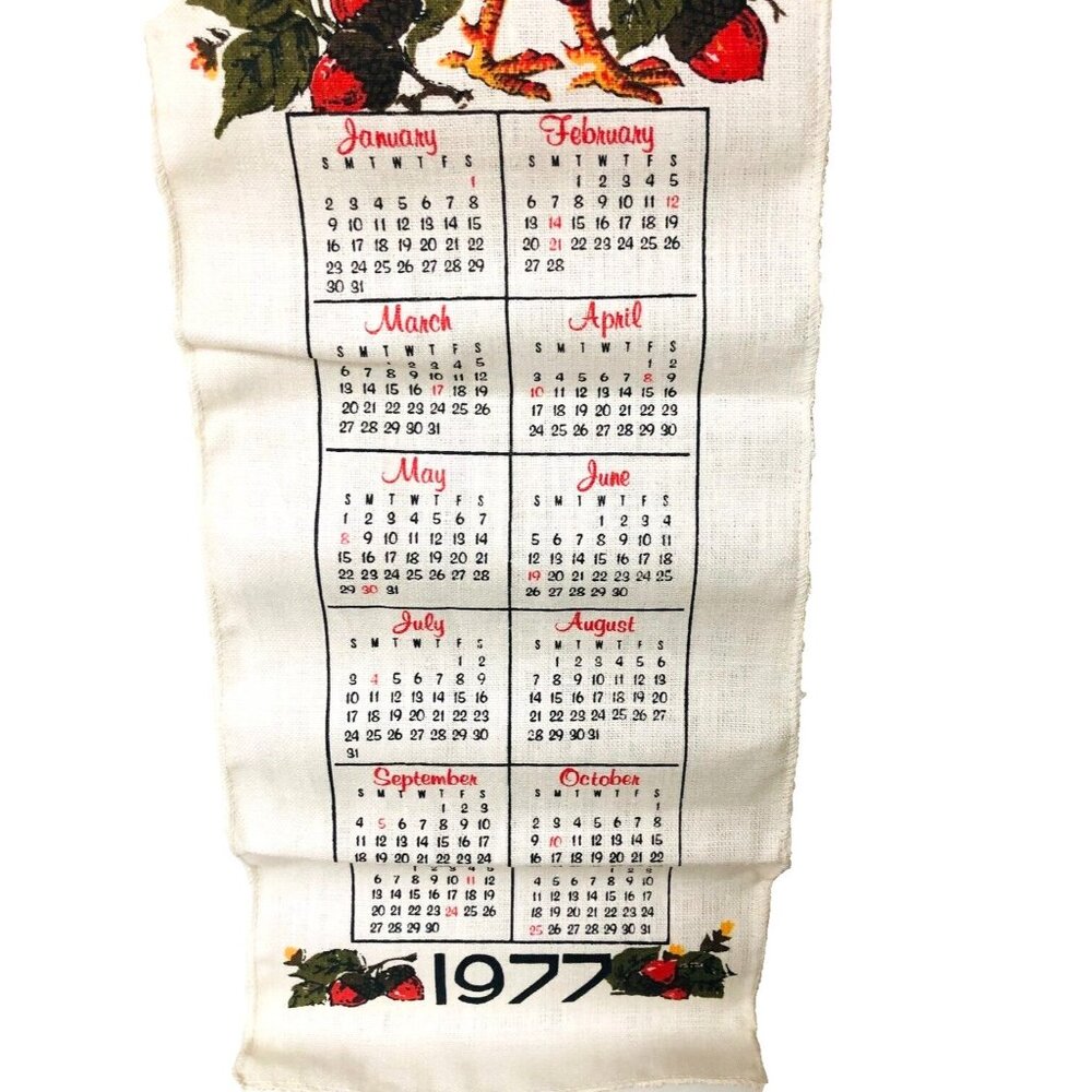 VTG 1977 Linen Rooster Chicken Calendar Dowel Cigarette Ad NIB Farm Country - Picture 3 of 7
